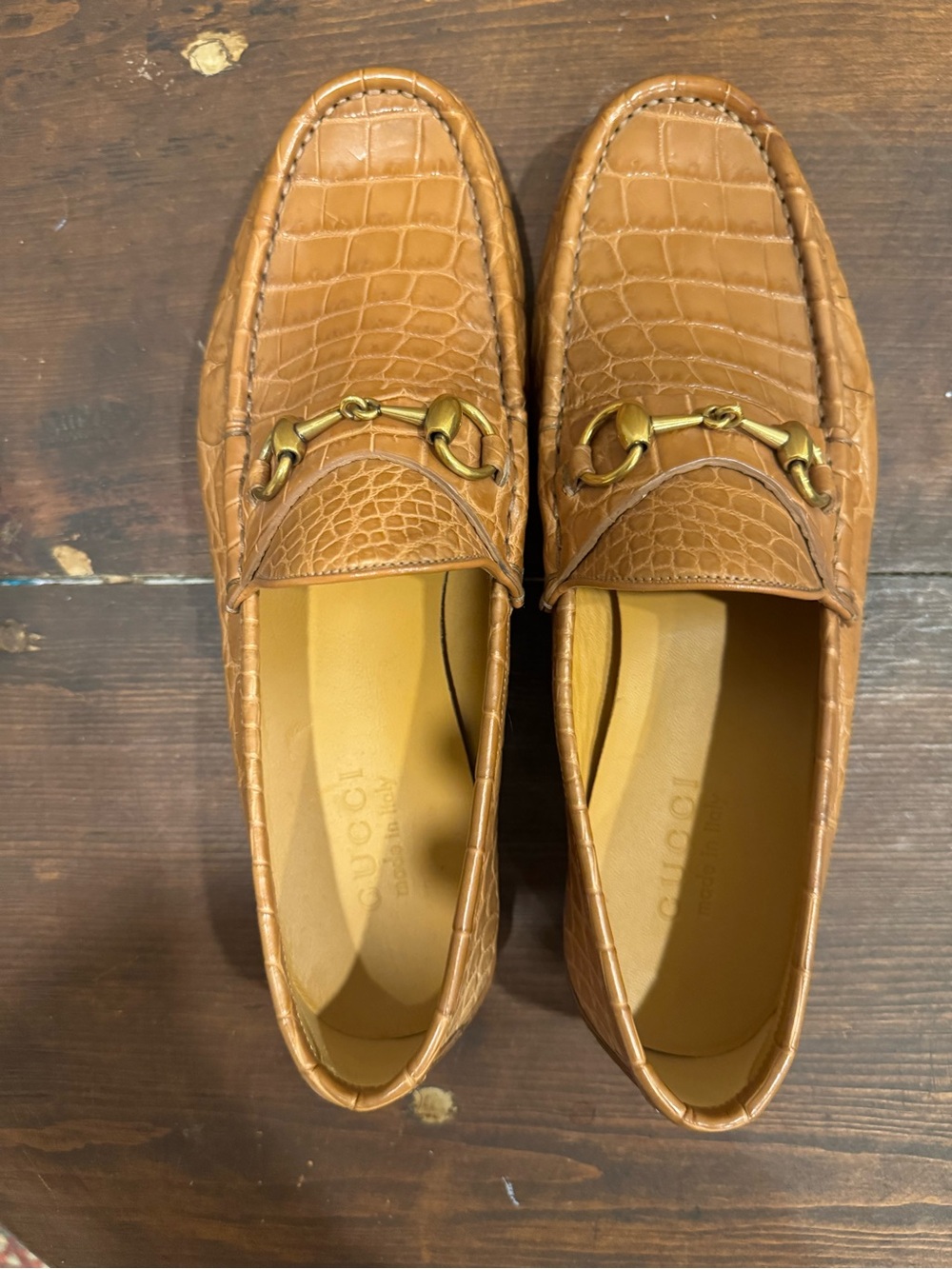 Gucci Tan Croc-Embossed Leather Horsebit Loafers